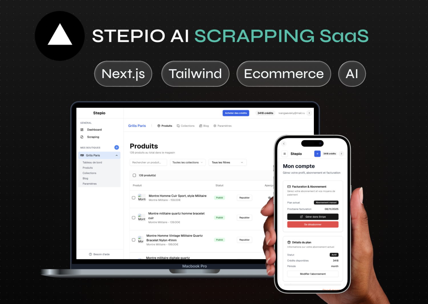 Stepio - AI scrapping/generative SaaS for Ecommerce | Next.js React